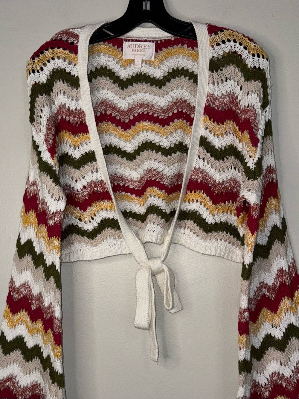 Crochet Tie-Front Cardigan in Cream with Olive, Pink & Gold Chevron - Picture 5 of 12